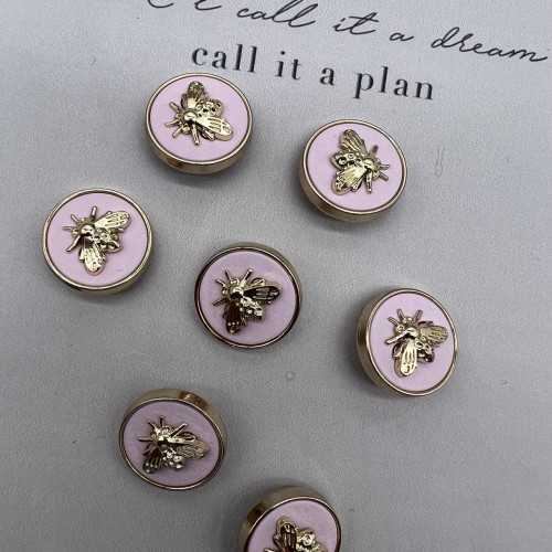 Пуговицы розовые с золотистыми мухами, 25 мм