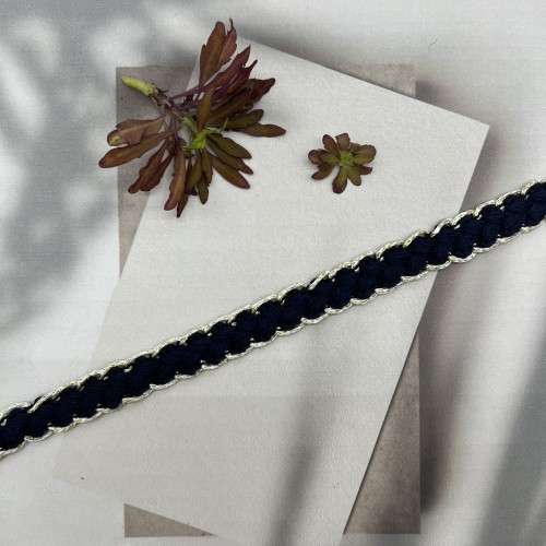 Тесьма текстильная темно-синяя с золотистым люрексом, 12 мм