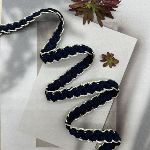 Тесьма текстильная темно-синяя с золотистым люрексом, 12 мм